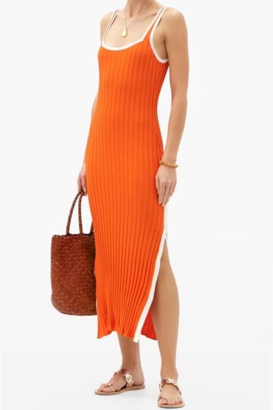Solid & Striped Kimberly Flame Orange Ribbed Side Snap Sleeveless Midi Dress L
